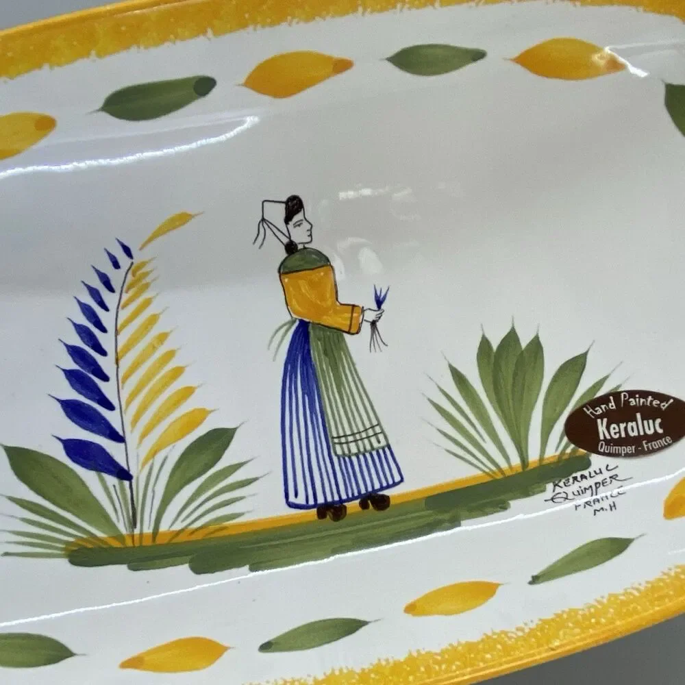 Vintage Keraluc Quimper France Hand Painted Faience Breton Dish Tray Yellow Trim